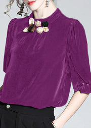 Elegant Purple Stand Collar Floral Silk Velour Top Short Sleeve