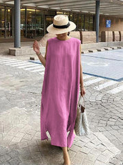 Bohemian O Neck Side Open Linen Cotton Clothes Fabrics Pink crane Dress