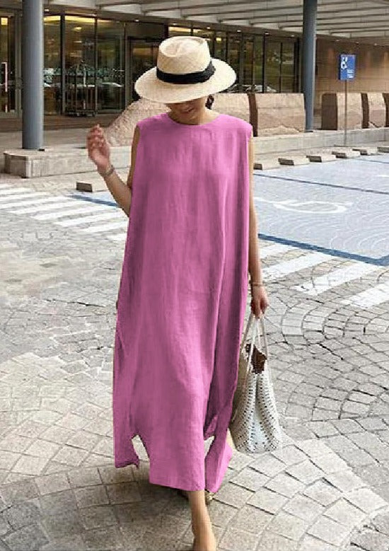 Bohemian O Neck Side Open Linen Cotton Clothes Fabrics Purple Dress