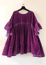 Plus Size Purple Wrinkled Patchwork Velour Short Dress Butterfly Sleeve