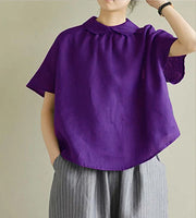 Simple green Peter Pan Collar Solid Linen Shirt Summer