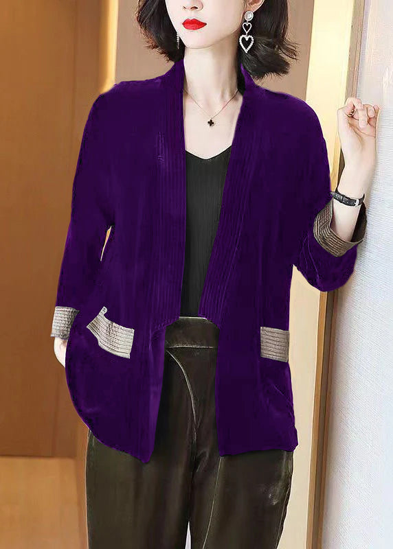 Loose purple V-Neck Pockets  Silk Velour Cardigans Bracelet Sleeve
