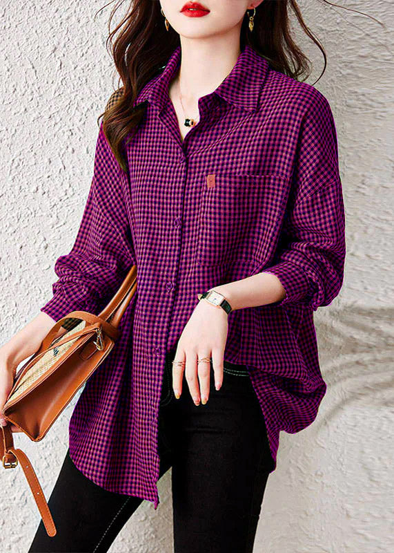 Oversized wine red Plaid Peter Pan Collar Pockets Patchwork Cotton Shirts Long Sleeve