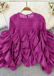 Rose O-Neck Ruffled Patchwork Button Silk Top Long Sleeve