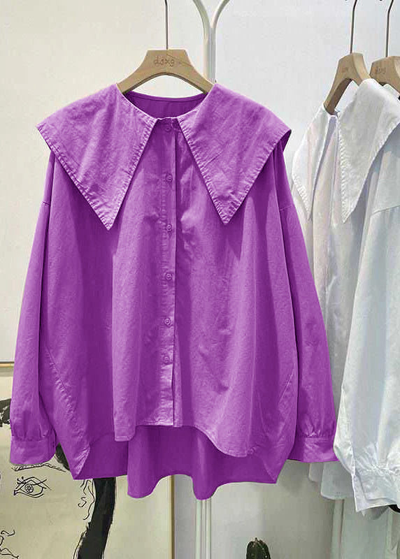 Bohemian Purple Pink Peter Pan Collar Button asymmetrical design Fall Long sleeve Top