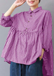 boutique Blue striped linen blouse plus size traveling clothing fine patchwork lapel collar linen blouses