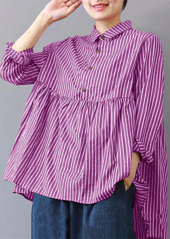 boutique Purple striped linen blouse plus size traveling clothing fine patchwork lapel collar linen blouses