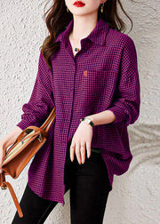 Oversized Plaid Peter Pan Collar Pockets Patchwork Cotton Shirts Long Sleeve