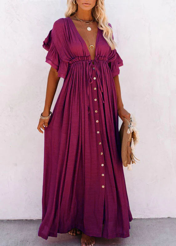 Rose red V Neck Button Maxi Dresses Short Sleeve