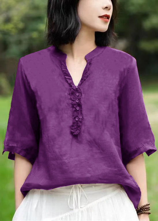 Unique Pure Purple V Neck Embroidered Patchwork Linen T Shirts Half Sleeve