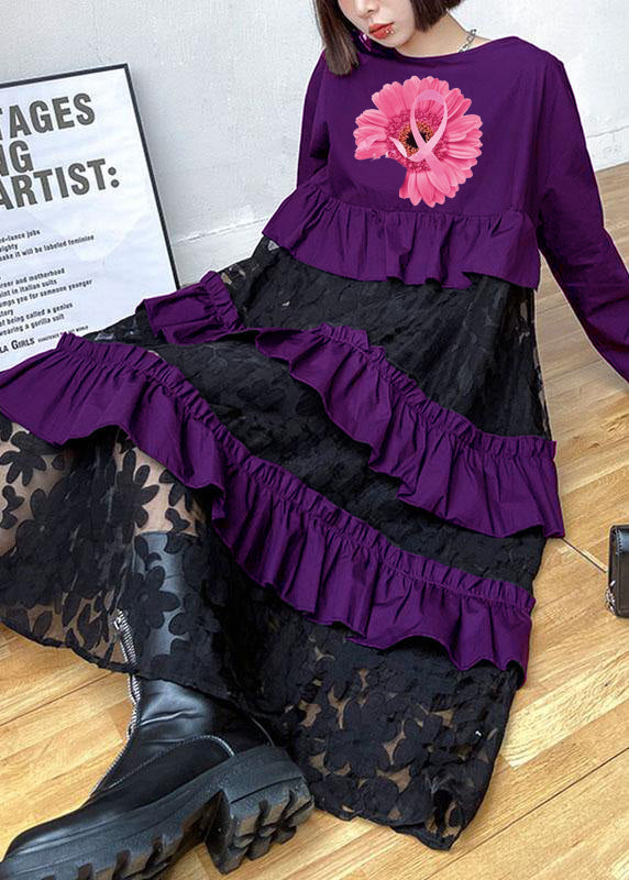 Bohemian Black-pink flower Ruffles  Fall Lace Dresses