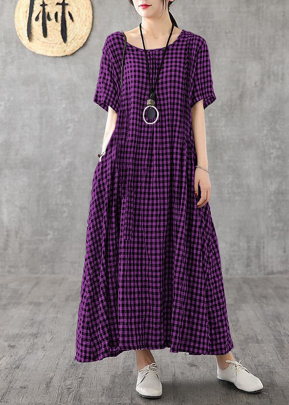 Vivid patchwork linen quilting dresses Runway Purple plaid Dresses summer
