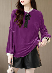 Women Yellow Ruffled Patchwork Velour Shirt Top Spring