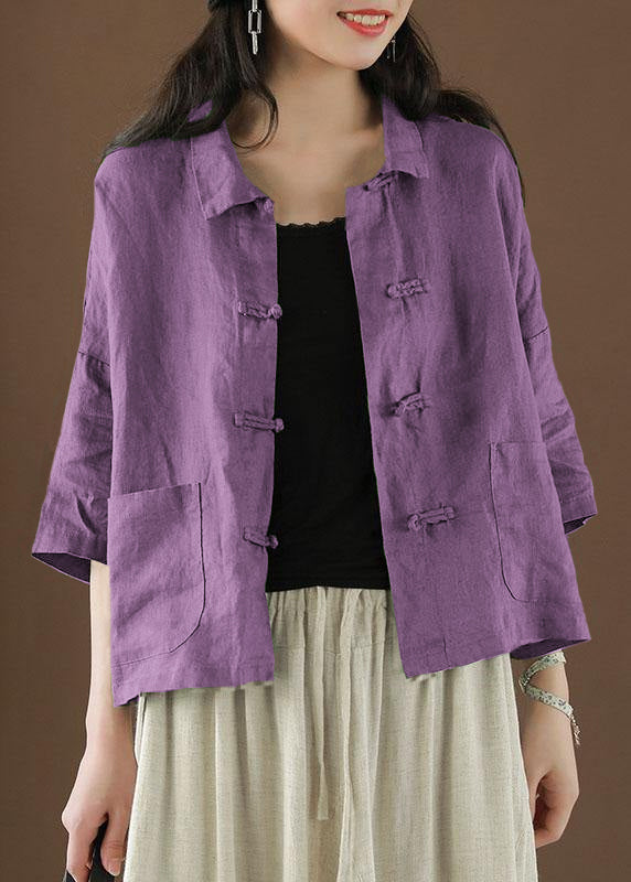Beautiful Purple Peter Pan Collar Pockets Summer Linen top
