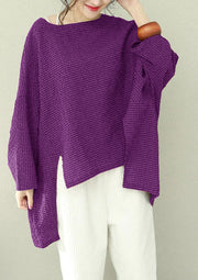 Bohemian asymmetric cotton women Fine Work purple Plaid oversized tops