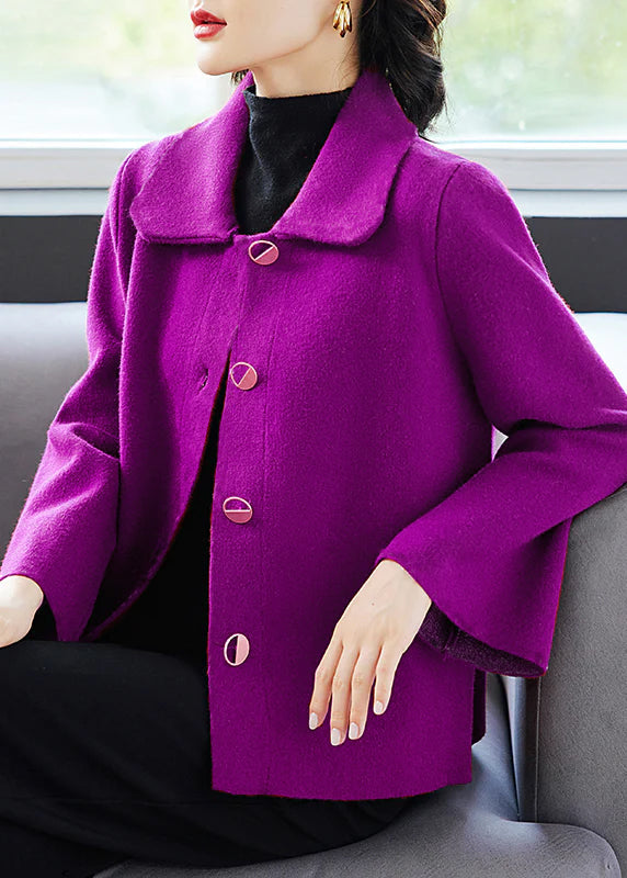 Classy Purple Peter Pan Collar Pockets  Woolen Coat Fall