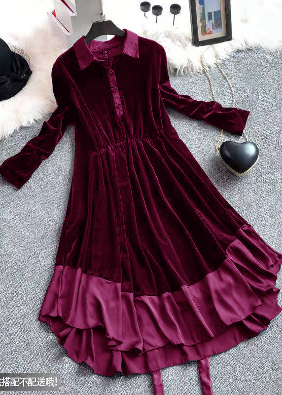 French Wine Red Asymmetrical Patchwork Velour Holiday Dress Spring