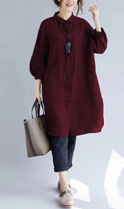 stylish wine red Plaid cozy cotton t shirt oversize Turn-down Collar cotton blouses Fine long sleeve tops