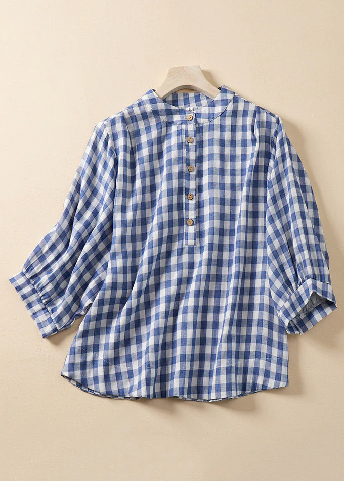 Grace Blue Plaid Stand Collar Cotton Blouses Bracelet Sleeve