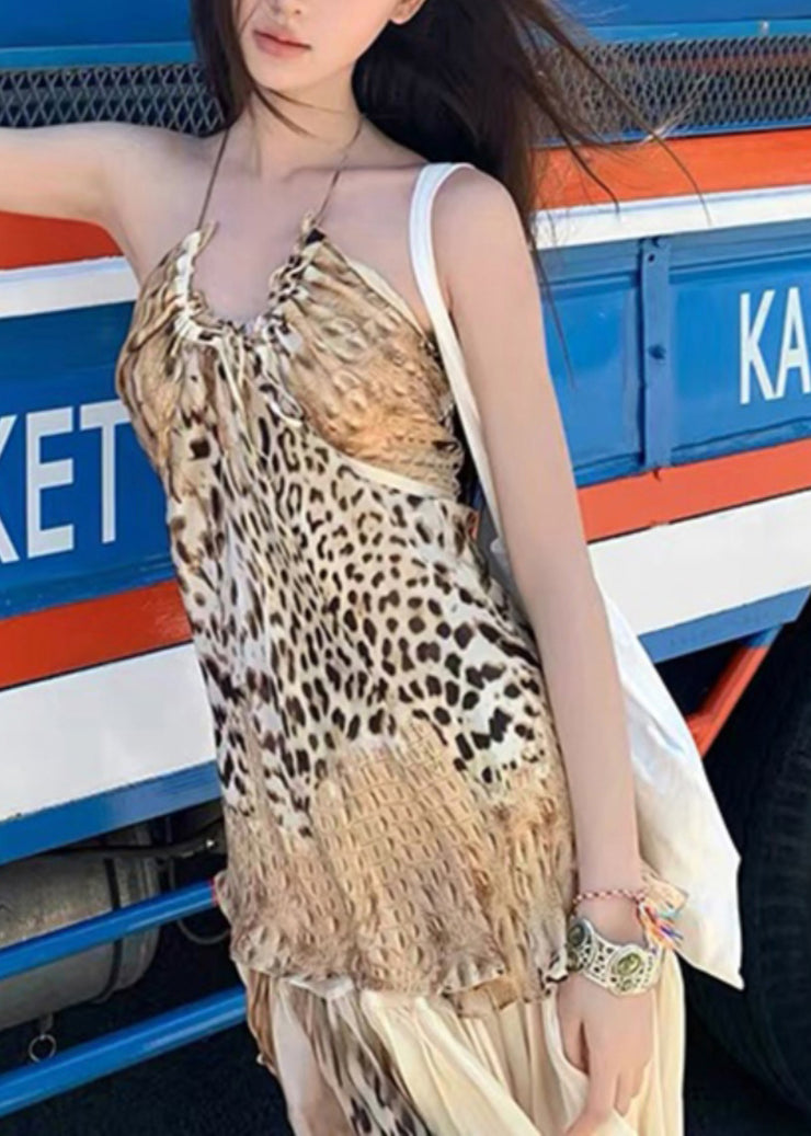 American Leopard Print Sexy Backless Suspender Dress Summer