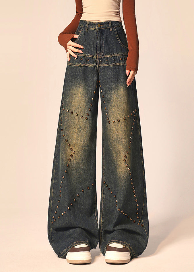 American Retro Blue Rivets High Waist Denim Wide Leg Pants Winter