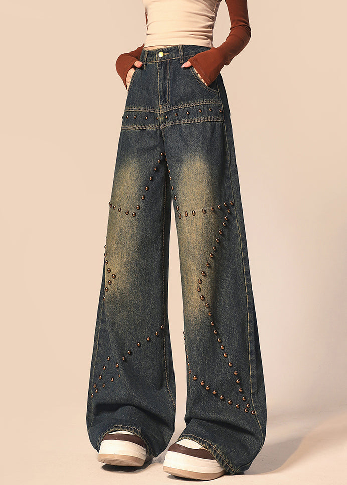 American Retro Blue Rivets High Waist Denim Wide Leg Pants Winter