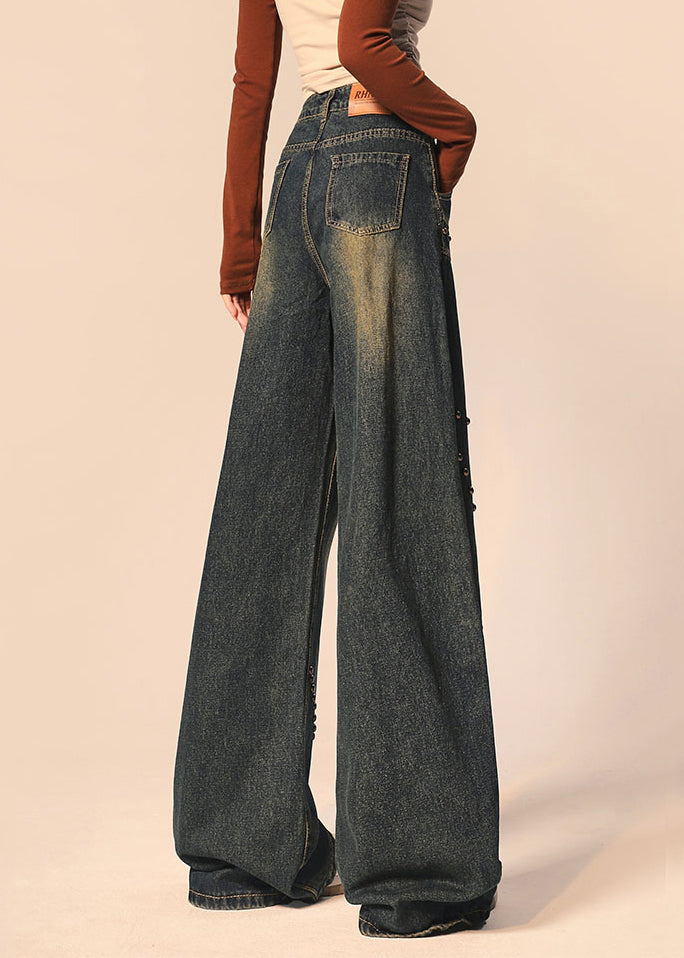 American Retro Blue Rivets High Waist Denim Wide Leg Pants Winter