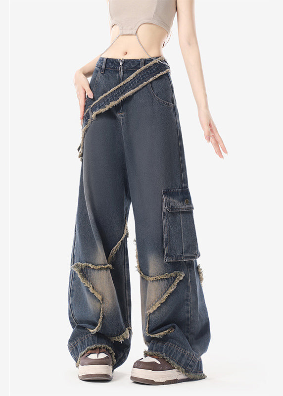 American Retro Design With Star Ruffled Denim Straight Pants Autumn