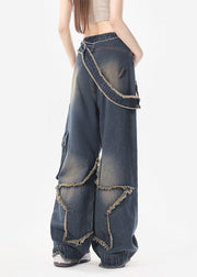 American Retro Design With Star Ruffled Denim Straight Pants Autumn