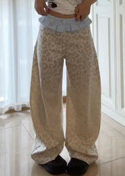 American Style Beige Leopard Patchwork Denim Pants Fall