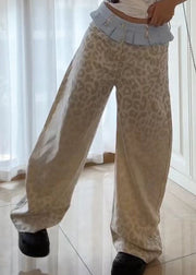 American Style Beige Leopard Patchwork Denim Pants Fall