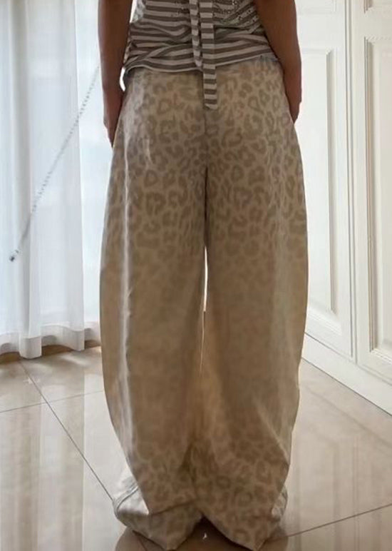 American Style Beige Leopard Patchwork Denim Pants Spring