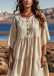 American Style Beige O Neck Wrinkled Patchwork Linen Dresses Summer