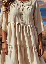 American Style Beige O Neck Wrinkled Patchwork Linen Dresses Summer