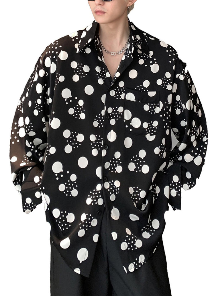 American Style Black Print Men Hawaiian Shirts Long Sleeve