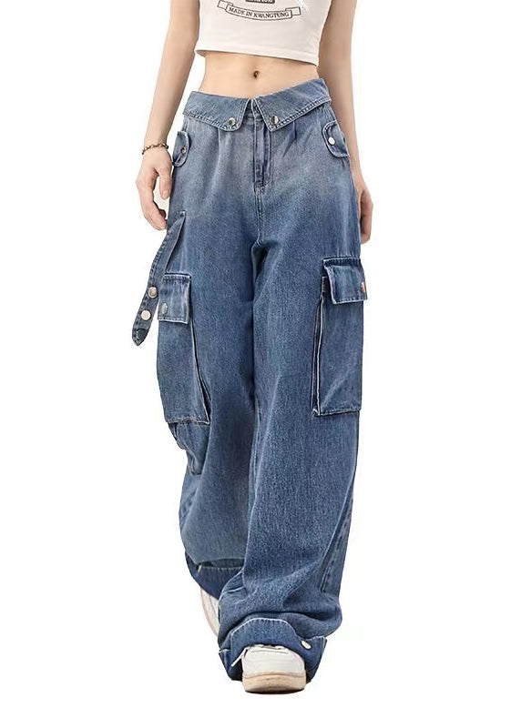 American Style Blue Gradient Pockets Denim Straight Pants Spring