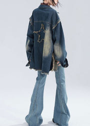 American Style Blue Peter Pan Collar Patch Denim Coat Spring