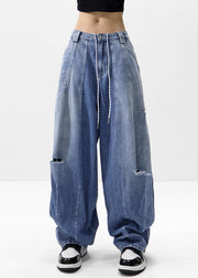 American Style Blue Pockets Drawstring Ripped Jeans Spring