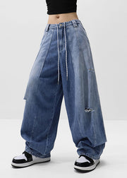 American Style Blue Pockets Drawstring Ripped Jeans Spring