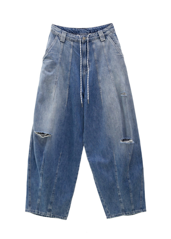 American Style Blue Pockets Drawstring Ripped Jeans Spring