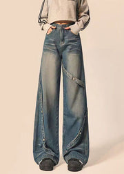 American Style Blue Pockets Patchwork Denim Straight Pants Spring