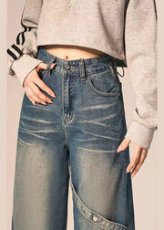 American Style Blue Pockets Patchwork Denim Straight Pants Spring