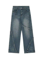 American Style Blue Pockets Patchwork Denim Straight Pants Spring