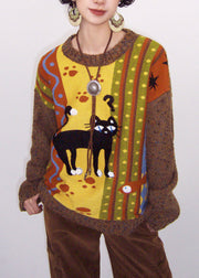 American Style Brown Embroidered Patchwork Knit Sweater Tops Spring