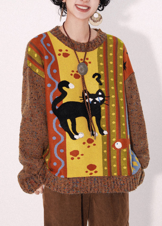 American Style Brown Embroidered Patchwork Knit Sweater Tops Spring