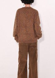 American Style Brown Embroidered Patchwork Knit Sweater Tops Spring