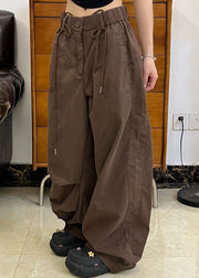 American Style Brown Pockets Wrinkled Cotton Pants Fall