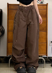 American Style Brown Pockets Wrinkled Cotton Pants Spring