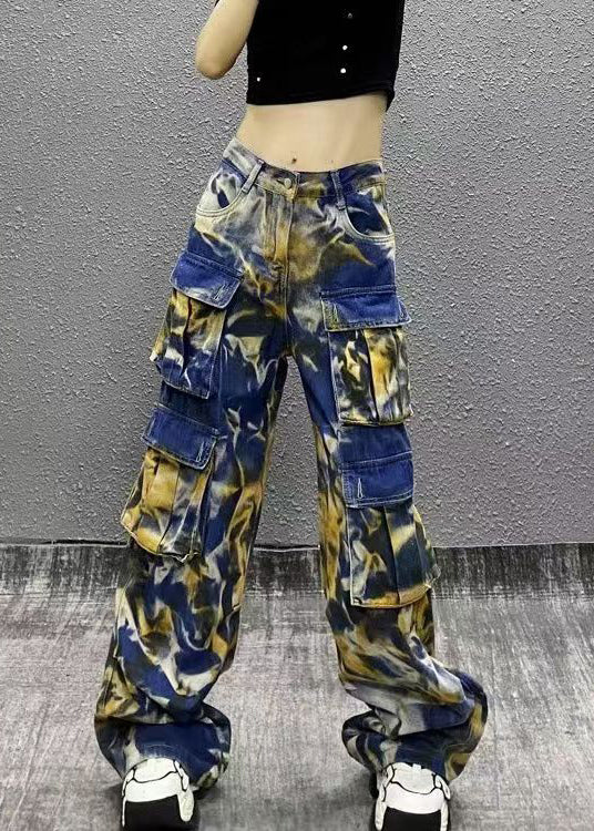 American Style Camouflage Pink Pockets Denim Straight Pants Spring