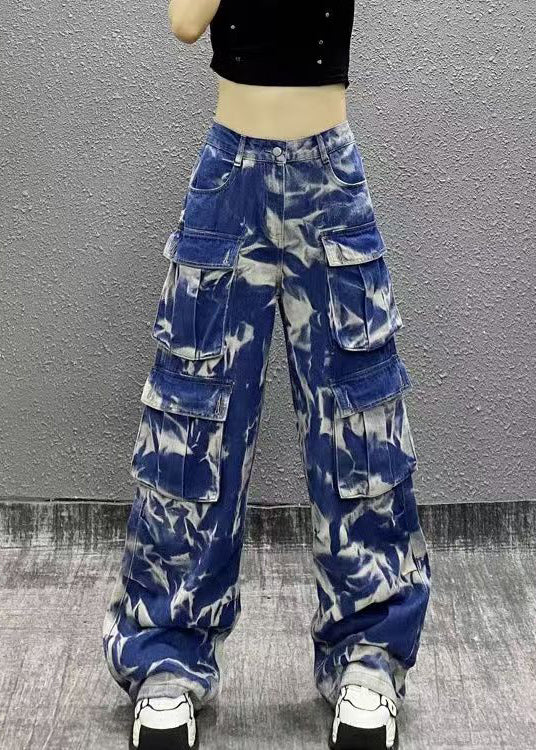 American Style Camouflage Pink Pockets Denim Straight Pants Spring